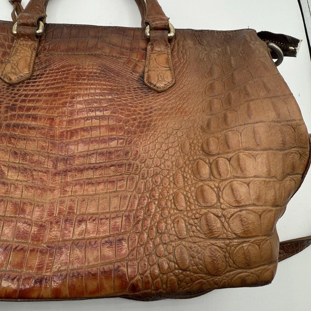 Brahmin Satchel Womens Brown Embossed Croc Leather Shoulder Bag Purse Distressed
